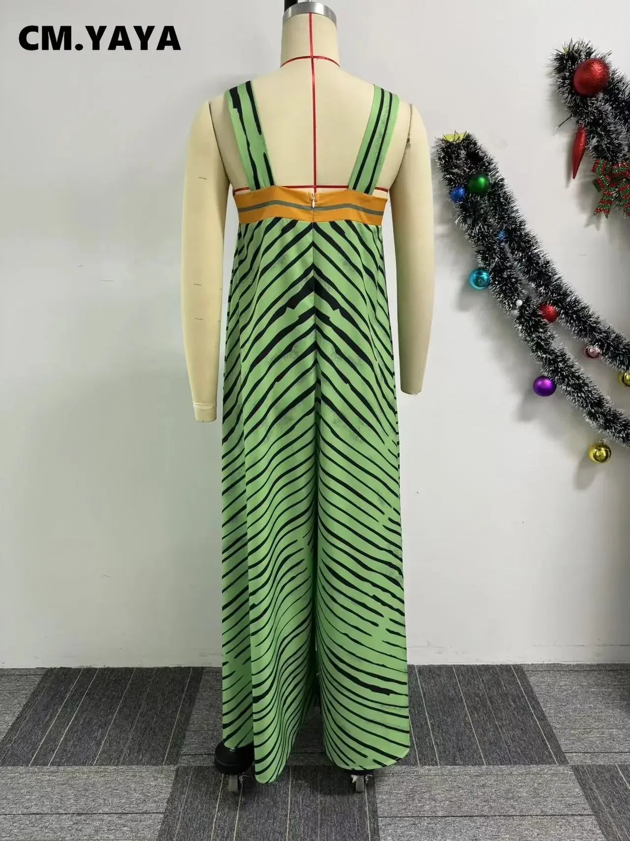 Full-length CM.YAYA Striped Jumpsuit featuring a loose fit and convenient pockets, ideal for stylish summer fashion, from Hot Trends Area.
