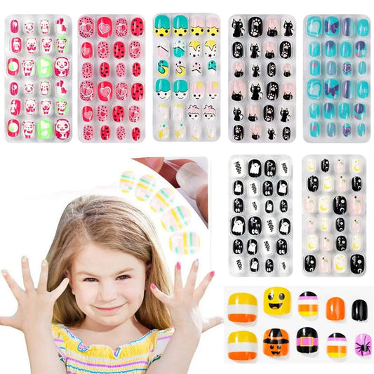Elegant 24 Pcs Acrylic Press On False Nails Set for Kids featuring cute candy flower designs, perfect for nail decoration gifts.