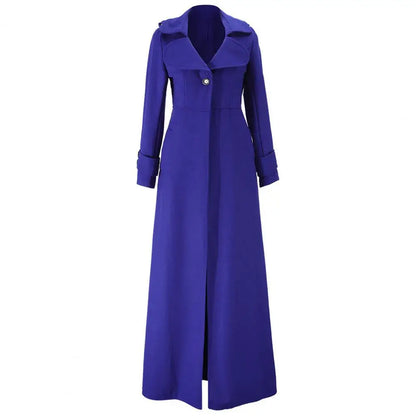 Elegant women's woolen trench coat, designed with a single button closure and fashionable turn-down collar, offering both warmth and style for the winter season.