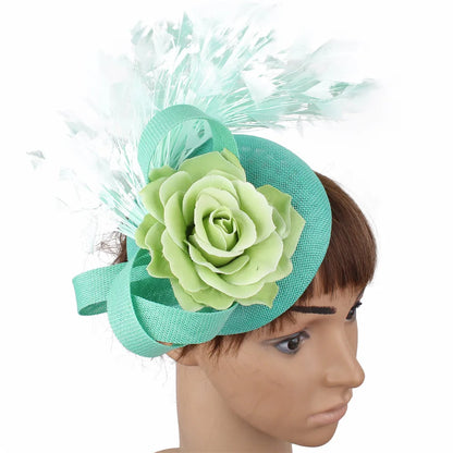Close-up view of the luxurious yellow fascinator hat adorned with delicate details, perfect for tea parties.