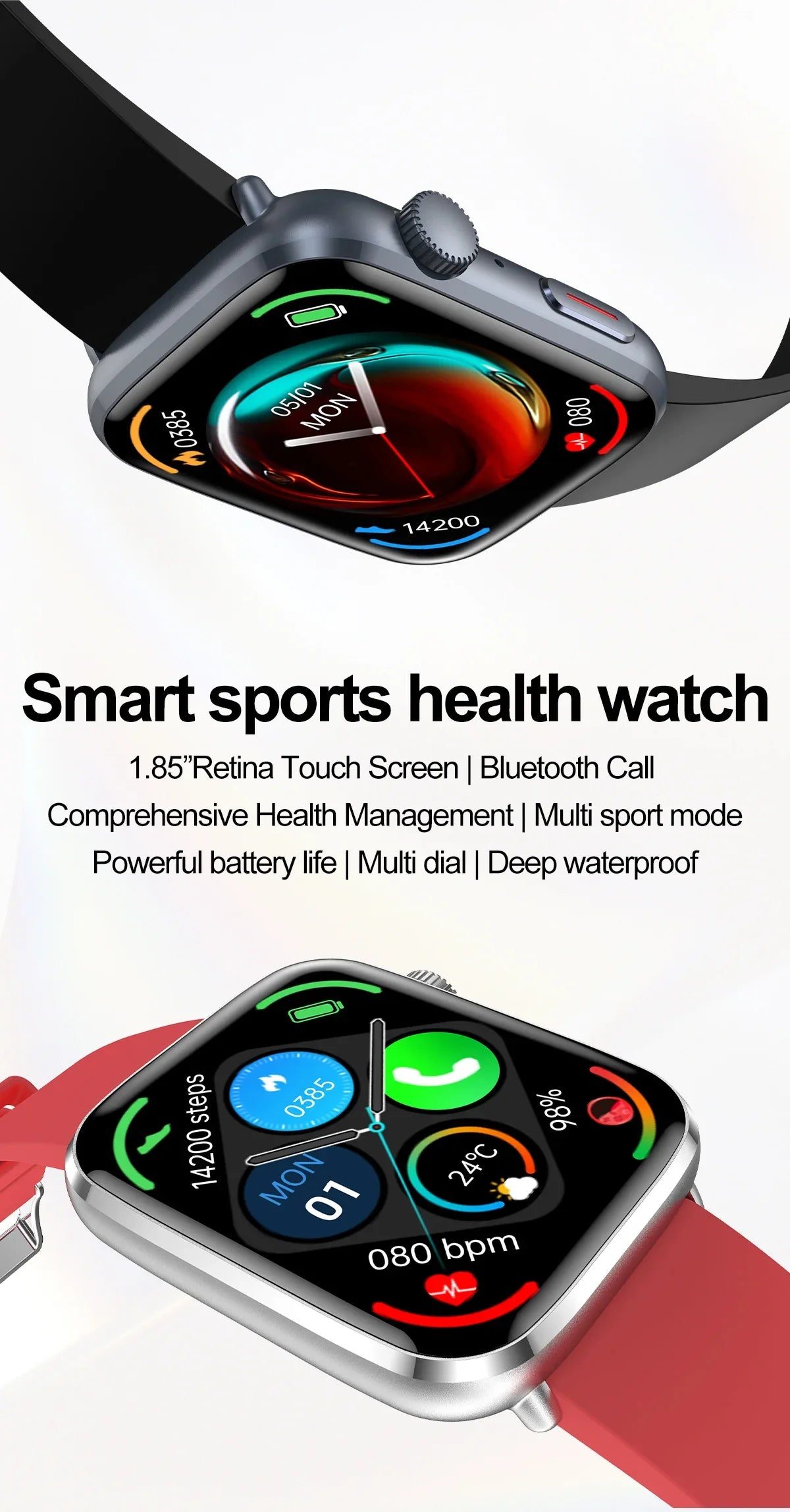 Luxury AI-powered NFC Smart Watch for women featuring a sleek 1.85 inch AMOLED display, designed for health tracking including heart rate, blood pressure, and temperature monitoring.