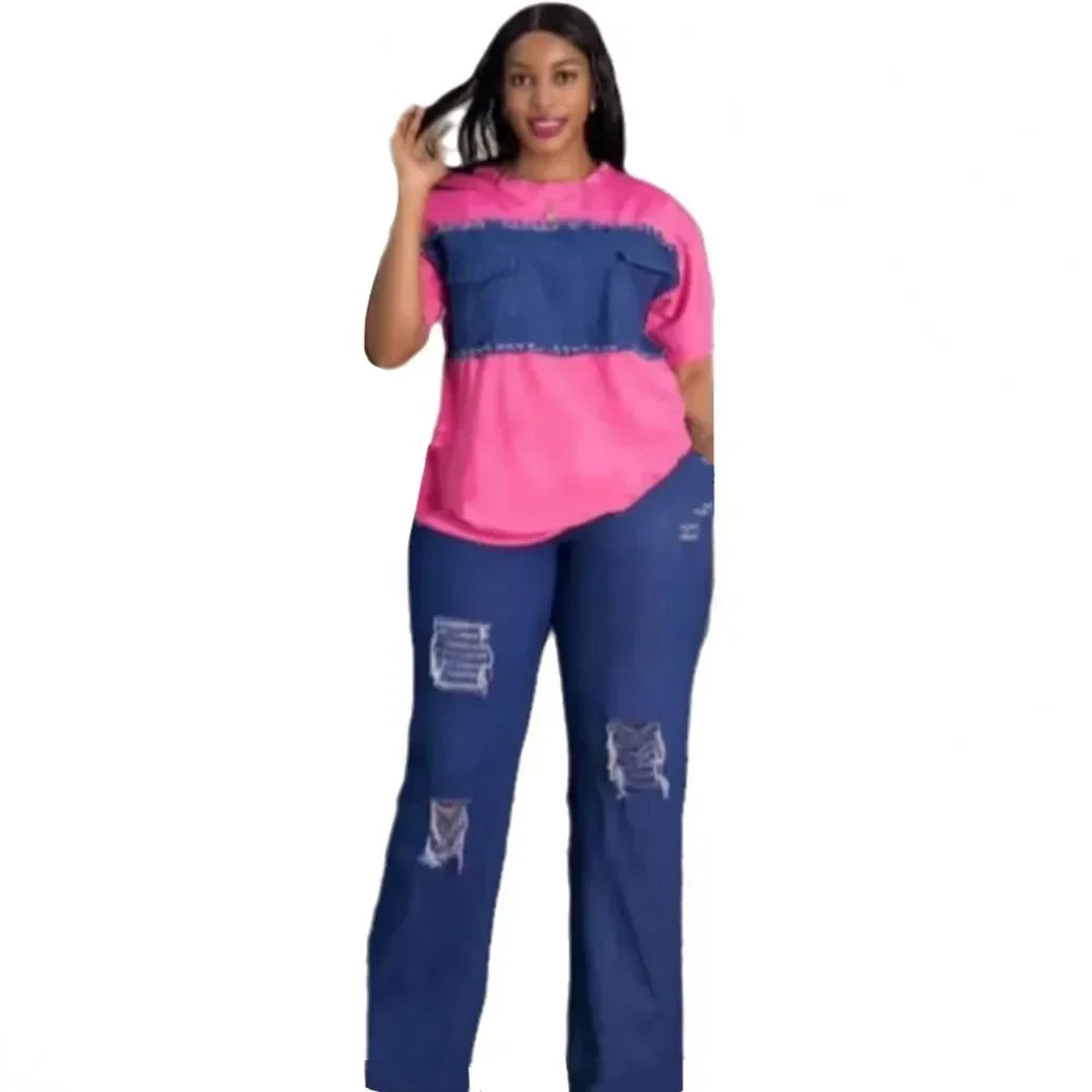 Stylish women’s African Dashiki denim outfit showcasing a vibrant design, ideal for sophisticated summer outings.