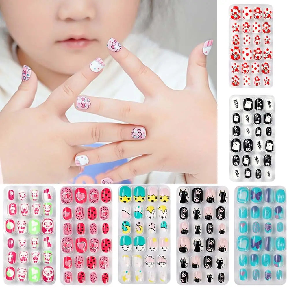 Luxury kids' false nails set with intricate candy flower patterns, crafted from high-quality acrylic for a chic nail enhancement.