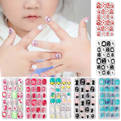 Luxury kids' false nails set with intricate candy flower patterns, crafted from high-quality acrylic for a chic nail enhancement.