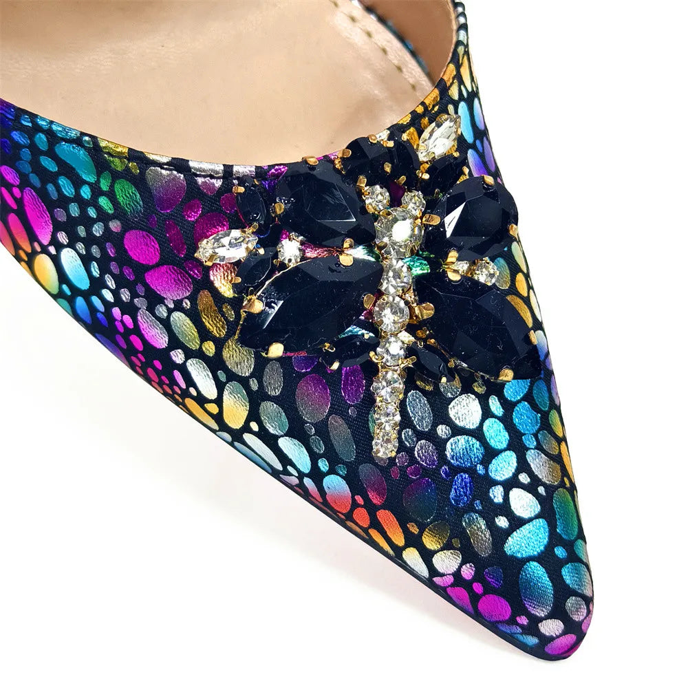 Chic yellow crystal-embellished pointed toe shoes for women, including a matching bag, offering a refined touch to your wardrobe for spring and summer events.