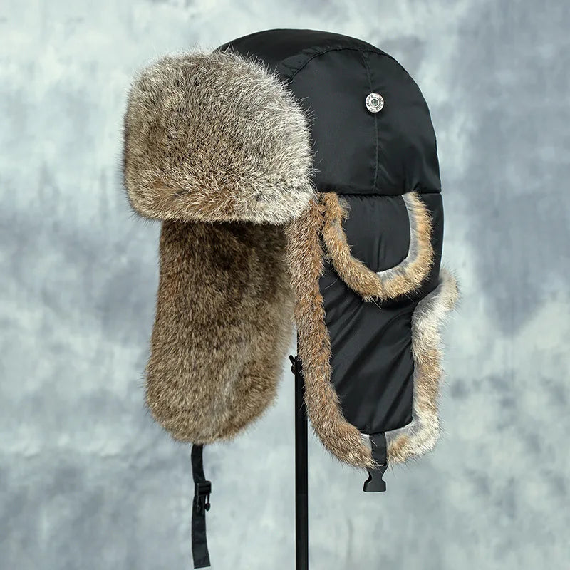 Elegant bomber hat made from premium faux fur, offering exceptional warmth and style.