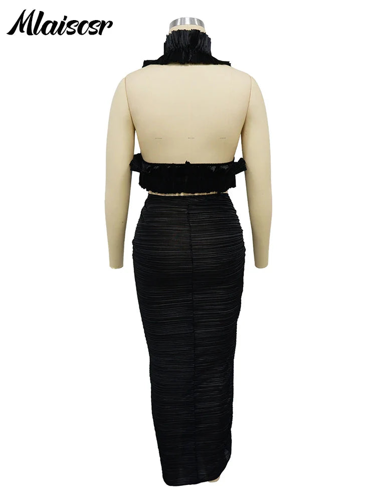 Stylish model showcasing the elegant black dress set, ideal for club and evening events, made from premium spandex and polyester.