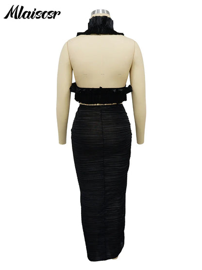 Stylish model showcasing the elegant black dress set, ideal for club and evening events, made from premium spandex and polyester.