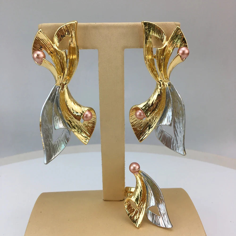 Complete luxury jewelry set including necklace, earrings, bracelet, and ring, designed for women, showcasing vibrant colors and high-quality materials.