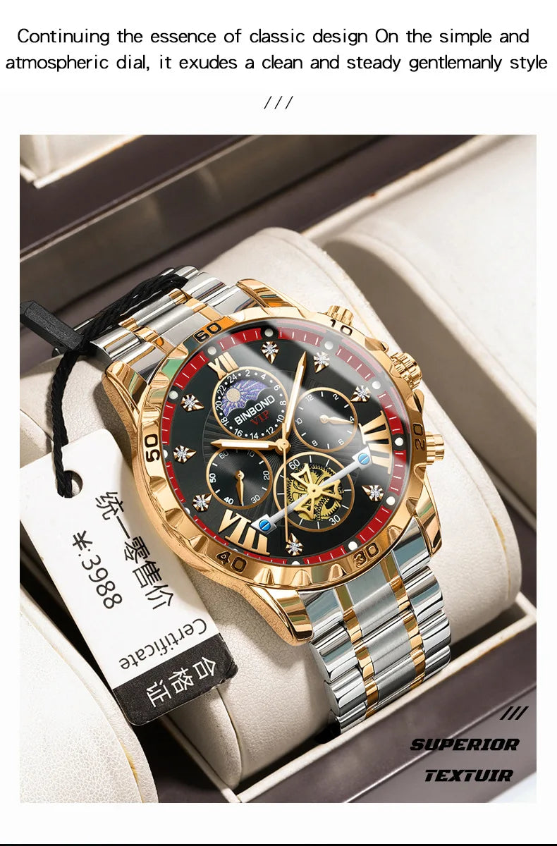 Luxury stainless steel men's quartz watch featuring a sophisticated moon phase complication and chronograph functions, ideal for discerning gentlemen.