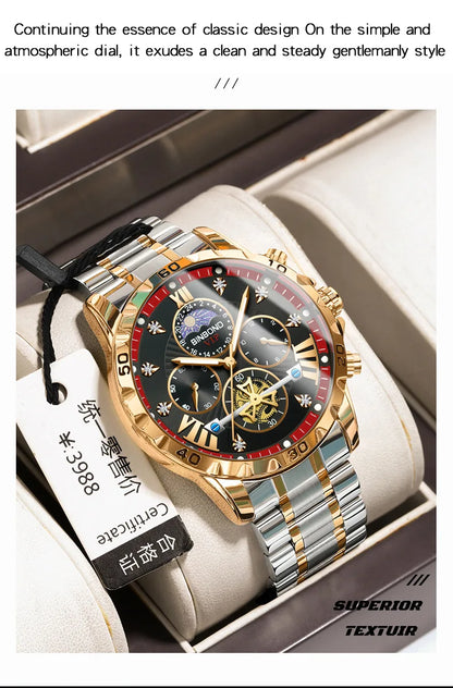 Luxury stainless steel men's quartz watch featuring a sophisticated moon phase complication and chronograph functions, ideal for discerning gentlemen.