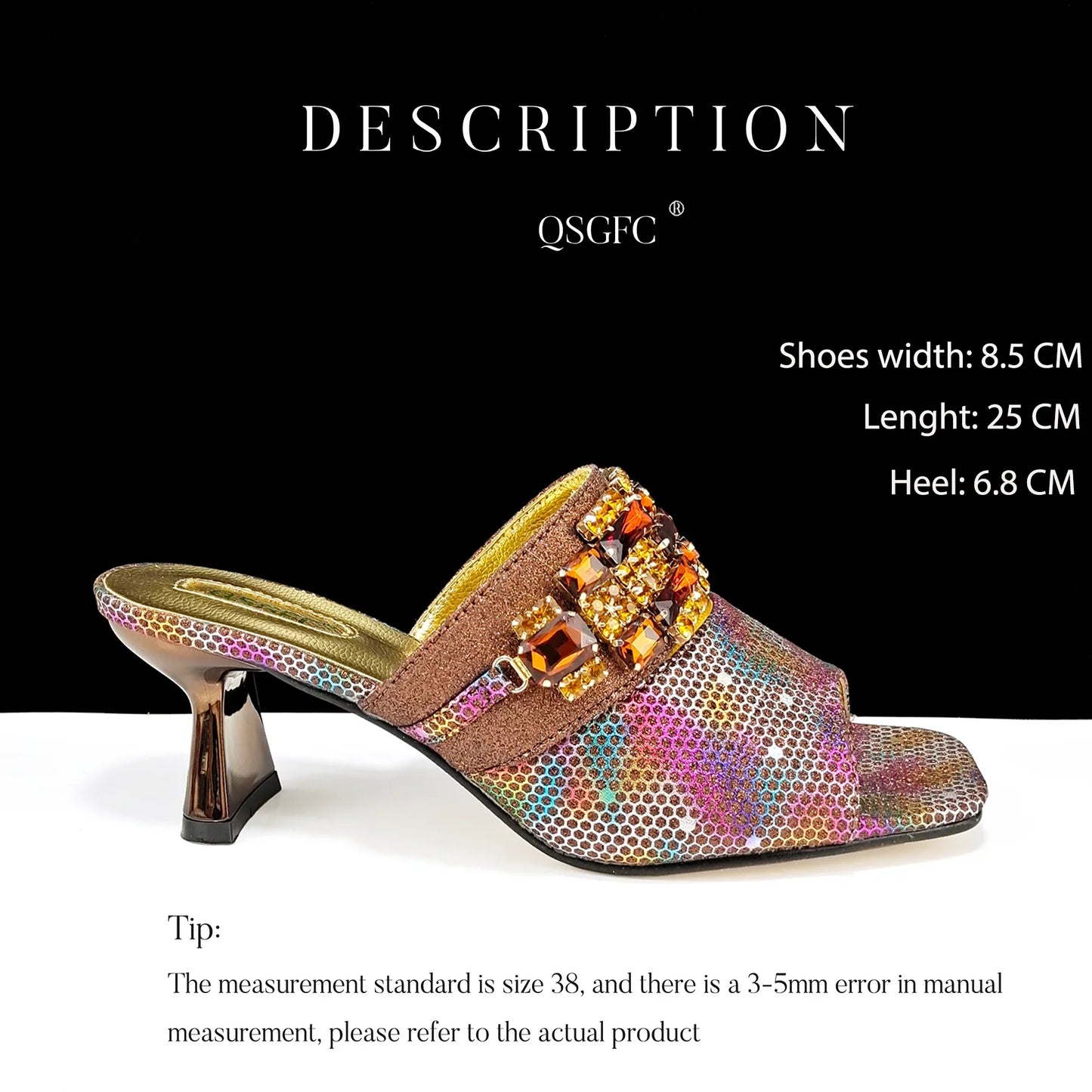Luxurious brown Italian square toe women's heels with rhinestone accents, showcasing a sophisticated slip-on design perfect for elegant occasions.