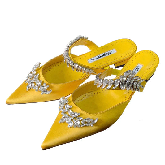 Elegant women's luxury silk mules sandals, adorned with rhinestones, showcasing a chic pointed stiletto design, perfect for summer occasions.