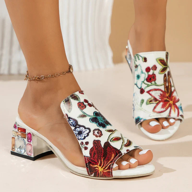 Sophisticated women’s heeled slippers adorned with a floral pattern and exquisite mesh patchwork, combining elegance and comfort for stylish summer wear.