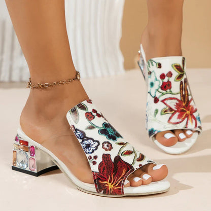 Sophisticated women’s heeled slippers adorned with a floral pattern and exquisite mesh patchwork, combining elegance and comfort for stylish summer wear.