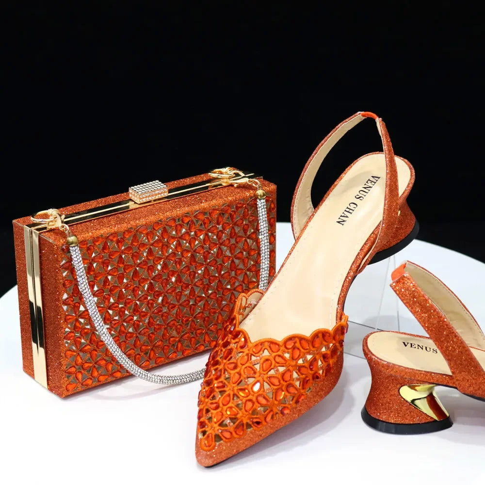 Elegant luxury women's hollowed out rhinestone shoes and bag set in gold, designed for parties, showcasing vintage embroidery and crystal embellishments, sizes 37-43.