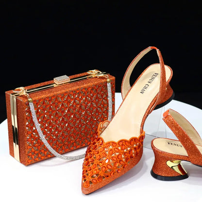 Elegant luxury women's hollowed out rhinestone shoes and bag set in gold, designed for parties, showcasing vintage embroidery and crystal embellishments, sizes 37-43.