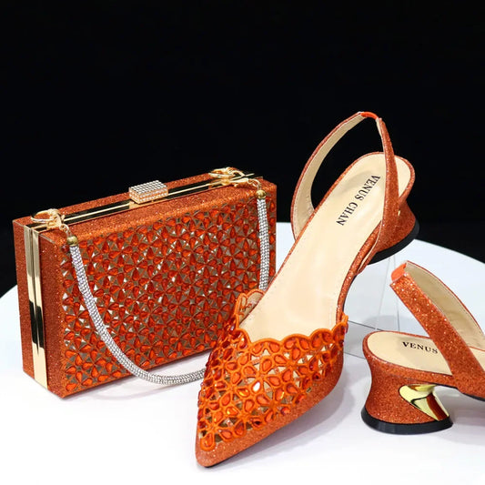 Elegant luxury women's hollowed out rhinestone shoes and bag set in gold, designed for parties, showcasing vintage embroidery and crystal embellishments, sizes 37-43.
