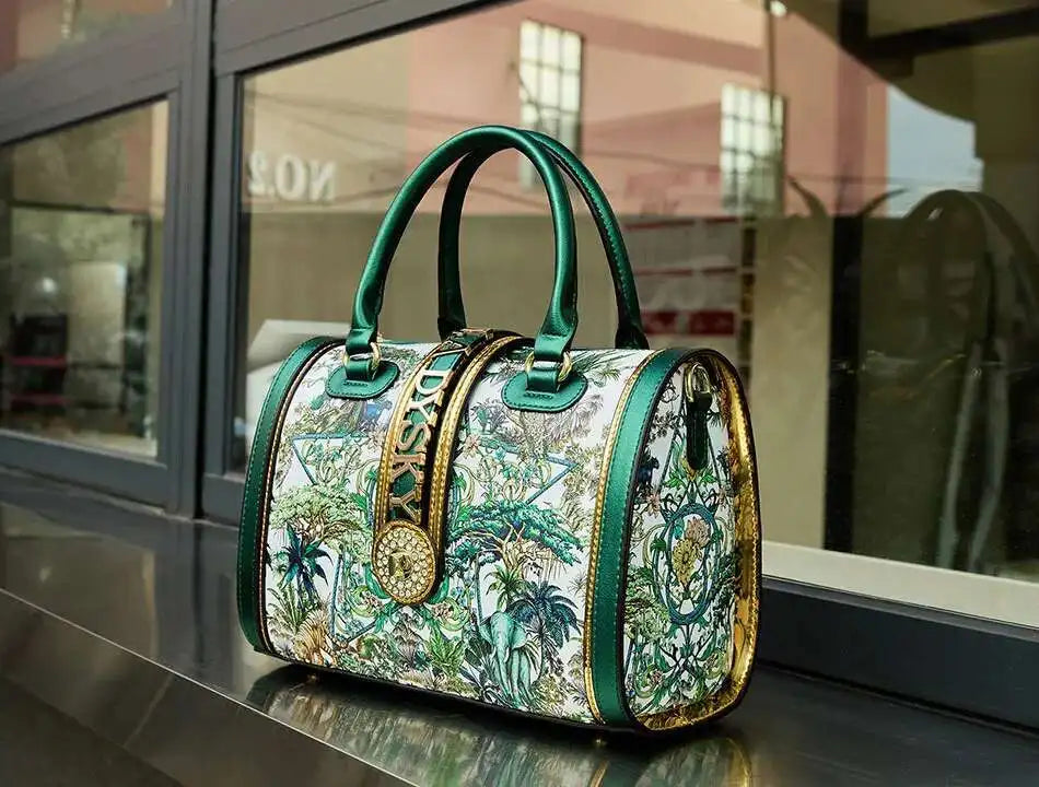 Side view of the stylish Boston barrel handbag, highlighting its soft structure and spacious design.