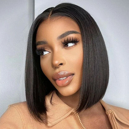 Close-up of Swiss lace base on luxury short bob wig, featuring high-quality Remy Brazilian human hair and realistic hairline.
