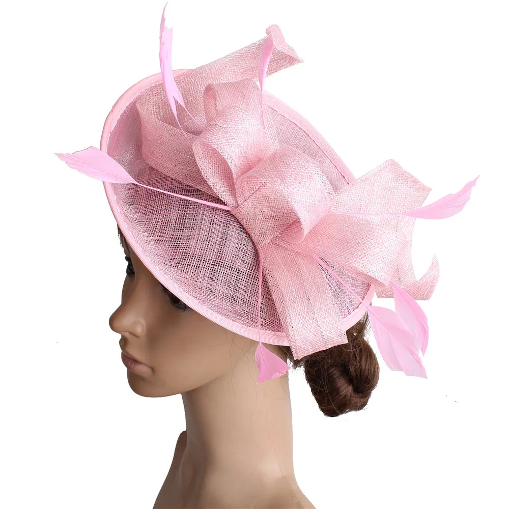 Elegant women’s sinamay church hat featuring delicate floral details, perfect for weddings and special occasions.