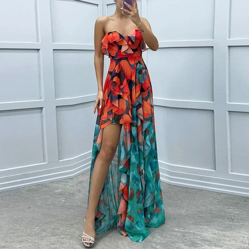 Elegant women's strapless ruffle irregular maxi dress, showcasing pleated mesh fabric, perfect for summer parties.