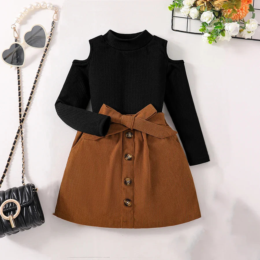 Elegant girls' autumn fashion set featuring an off shoulder turtleneck top and stylish half skirt, suitable for ages 4-6 years, in a luxurious solid colour design.