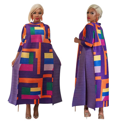 Elegant African Plus Size O-Neck Pleated Long Dress in rich red colour, showcasing 3/4 sleeve design, perfect for sophisticated women's fashion.