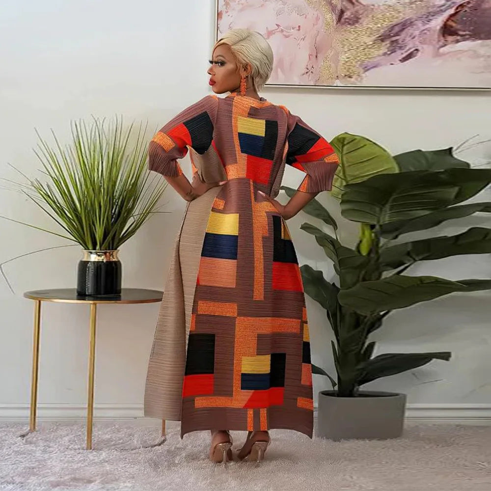 Diverse colour options of the Elegant African Plus Size O-Neck Pleated Long Dress, ideal for elegant occasions, radiating traditional African beauty.