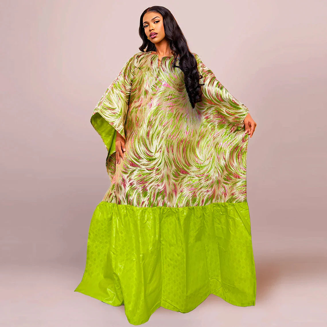 Elegant African Dashiki dress in vibrant green with intricate brocade details, tailored for the modern woman seeking luxury and tradition.