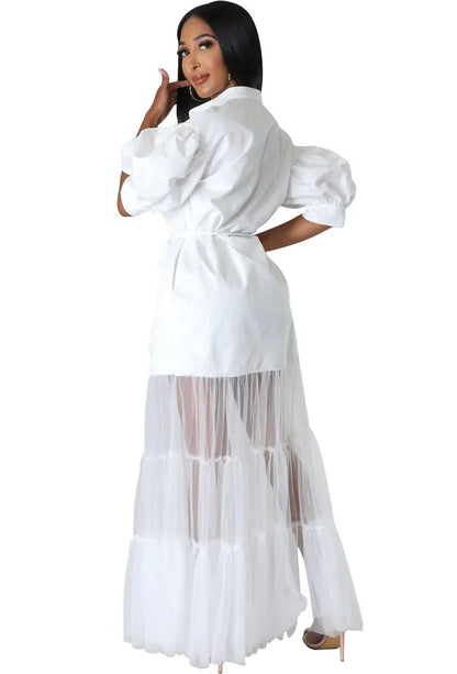 Elegant model in a short sleeve white lace shirt dress with stunning lace-up design, perfect for adding a touch of luxury and sophistication to any wardrobe.