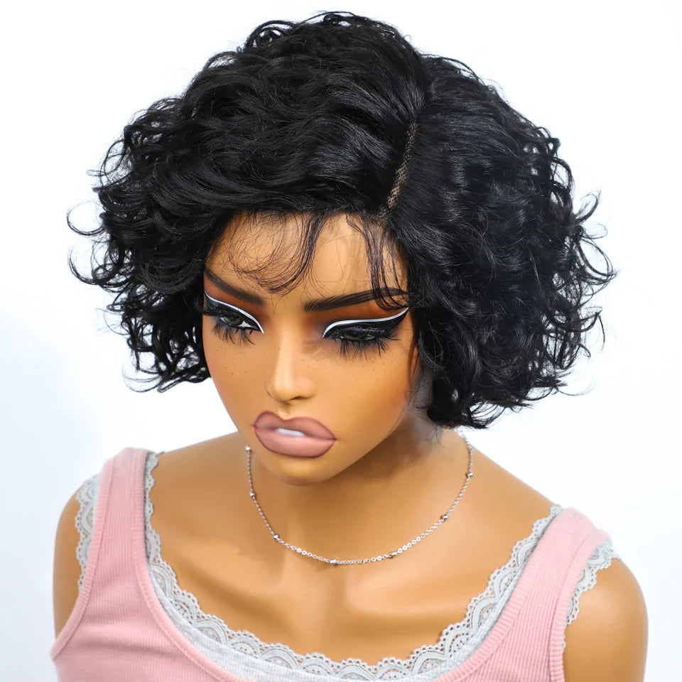 Luxurious short pixie cut human hair wig with body wave texture, crafted from 100% Brazilian Remy hair for a natural look.