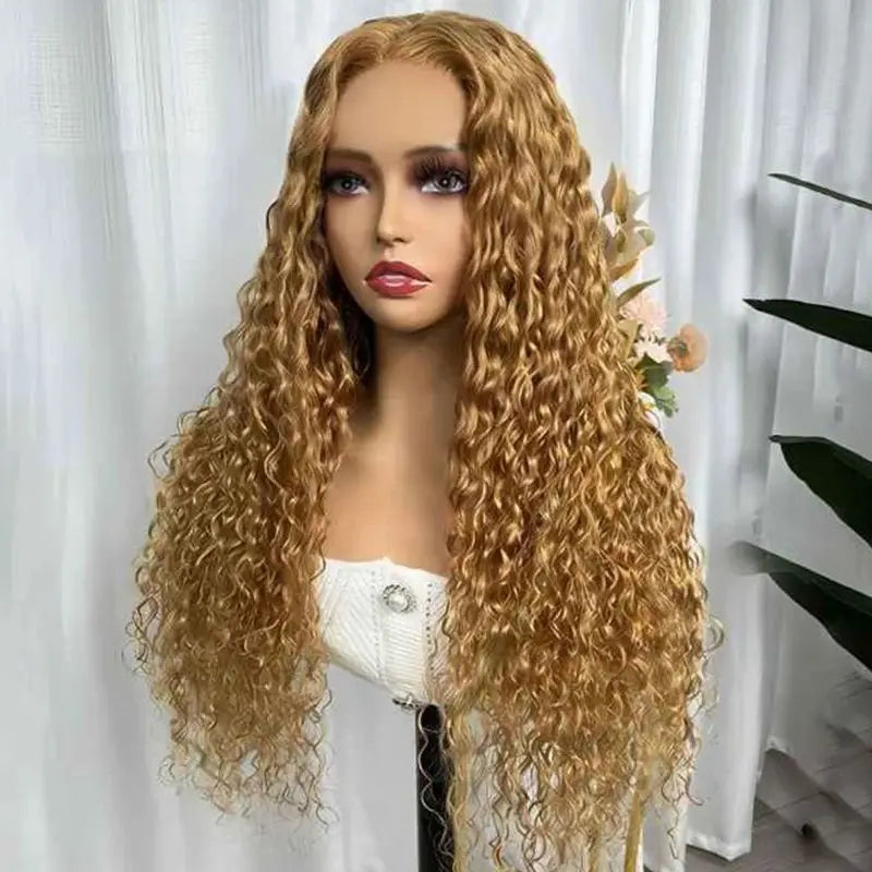 Close-up view of a luxurious honey blonde water wave lace wig, showcasing the intricate waves and high-quality Swiss lace base.