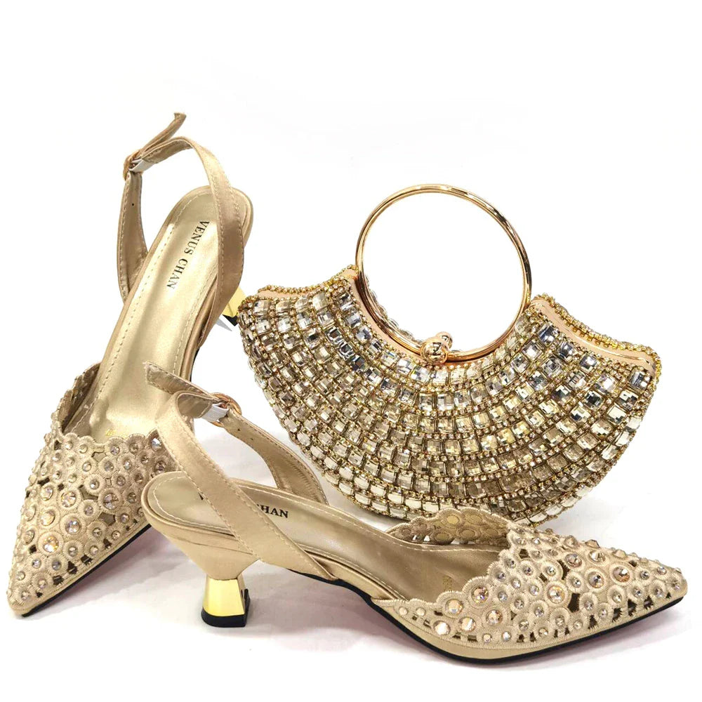 Full view of the Venus Chan gold luxury rhinestone shoes and matching handbag set, the perfect gift for women attending formal events.