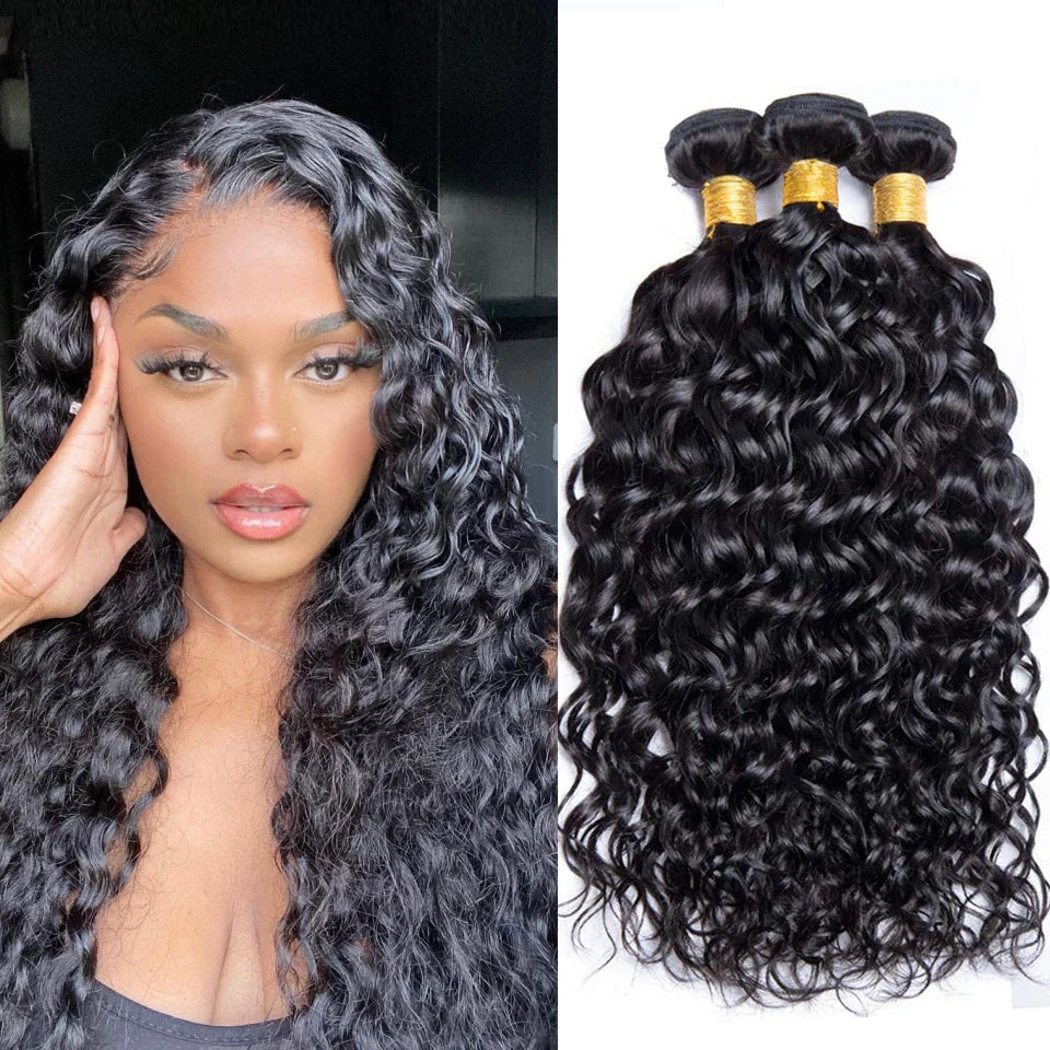 Set of 3 Curly Deep Wave Hair Bundles showcasing the intricate water wave pattern, designed for luxurious hair extensions.