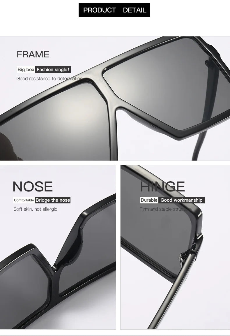 Close-up view of FenQiqi oversized sunglasses, highlighting the premium plastic frame and 55mm lenses for stylish eye protection.