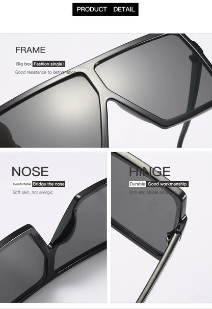 Close-up view of FenQiqi oversized sunglasses, highlighting the premium plastic frame and 55mm lenses for stylish eye protection.
