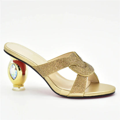 Elegant orange and gold women's pumps with a high heel and round toe, perfect for summer parties and celebrations.