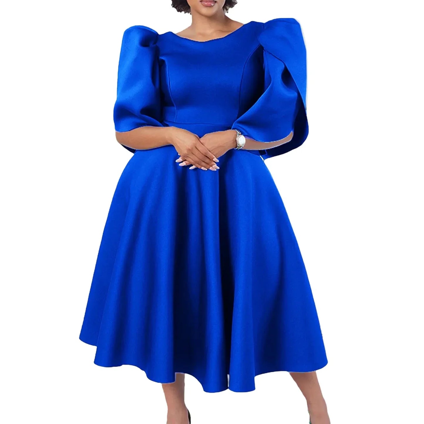 Sophisticated women's half sleeve dress with an O-neckline, designed for chic events and everyday luxury, made from comfortable and slightly stretchy polyester.