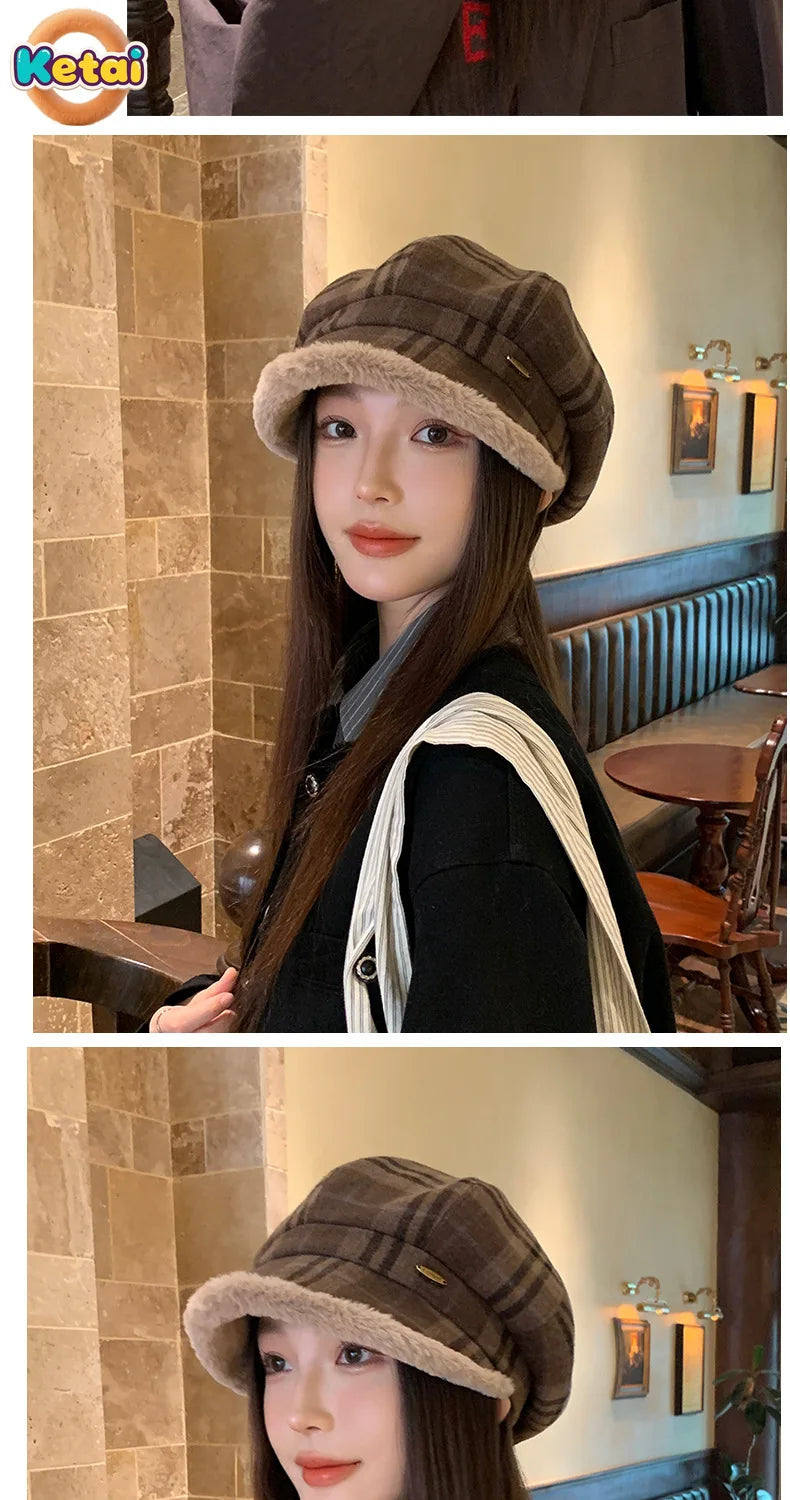 Chic vintage-inspired plush hat for women, embracing a sophisticated plaid design for spring and autumn.