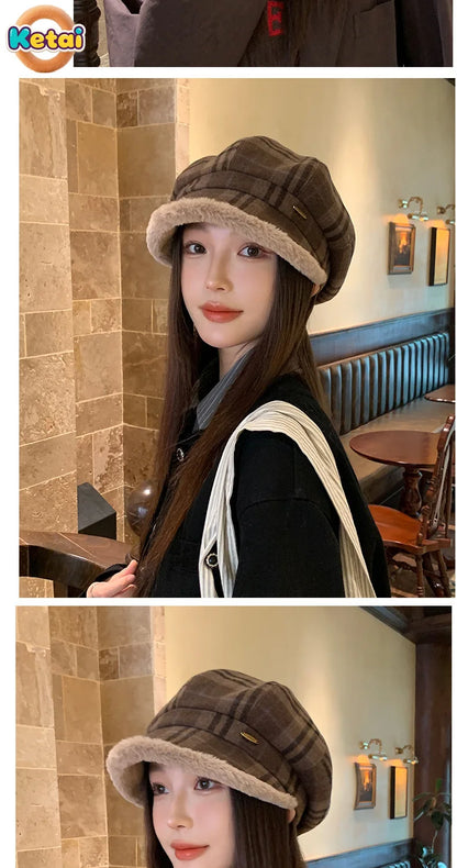 Chic vintage-inspired plush hat for women, embracing a sophisticated plaid design for spring and autumn.