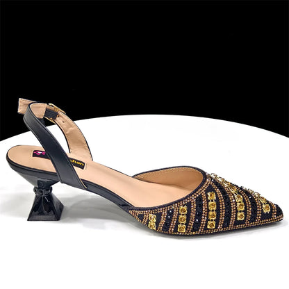 Close-up of fashionable pointed toe high spike heels, showcasing exquisite craftsmanship and bling elements for upscale women's footwear.