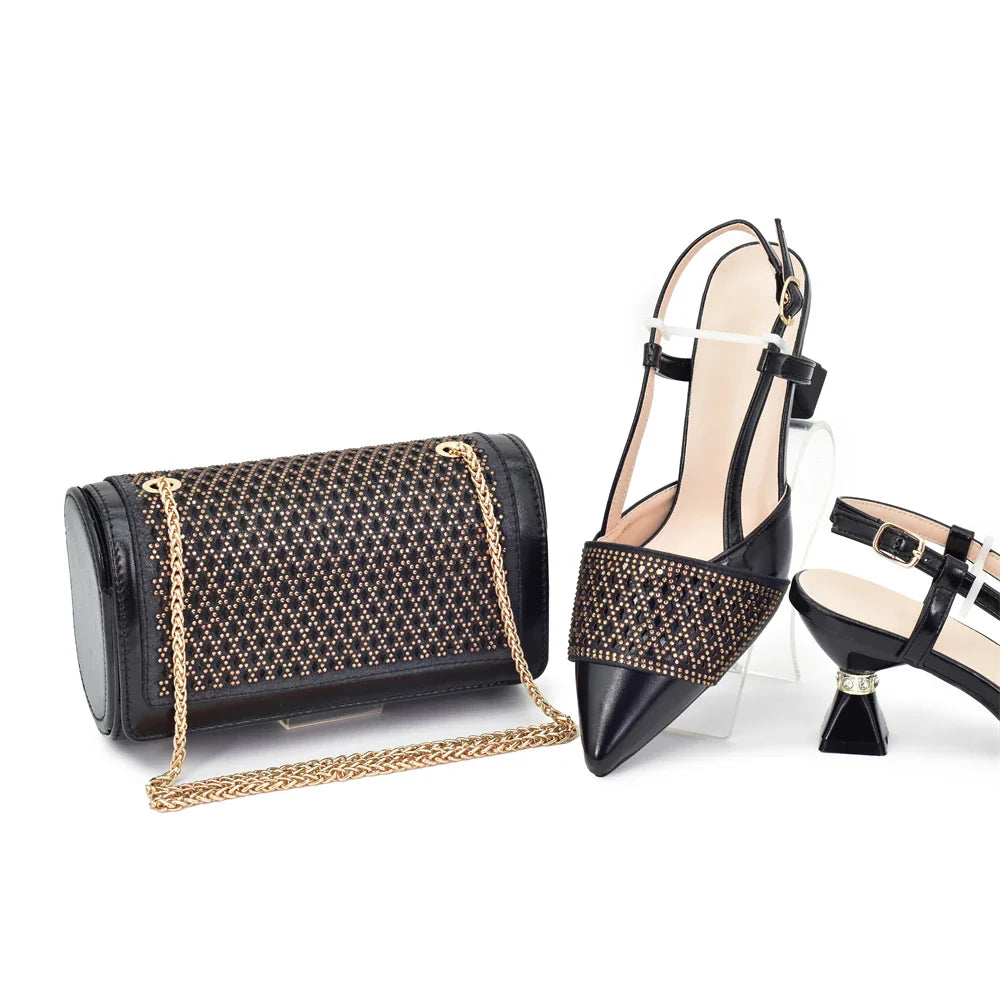 Elegant coffee colour slingback pumps from the women's Italian shoe and bag set, designed with sparkling rhinestones for a high-fashion aesthetic.