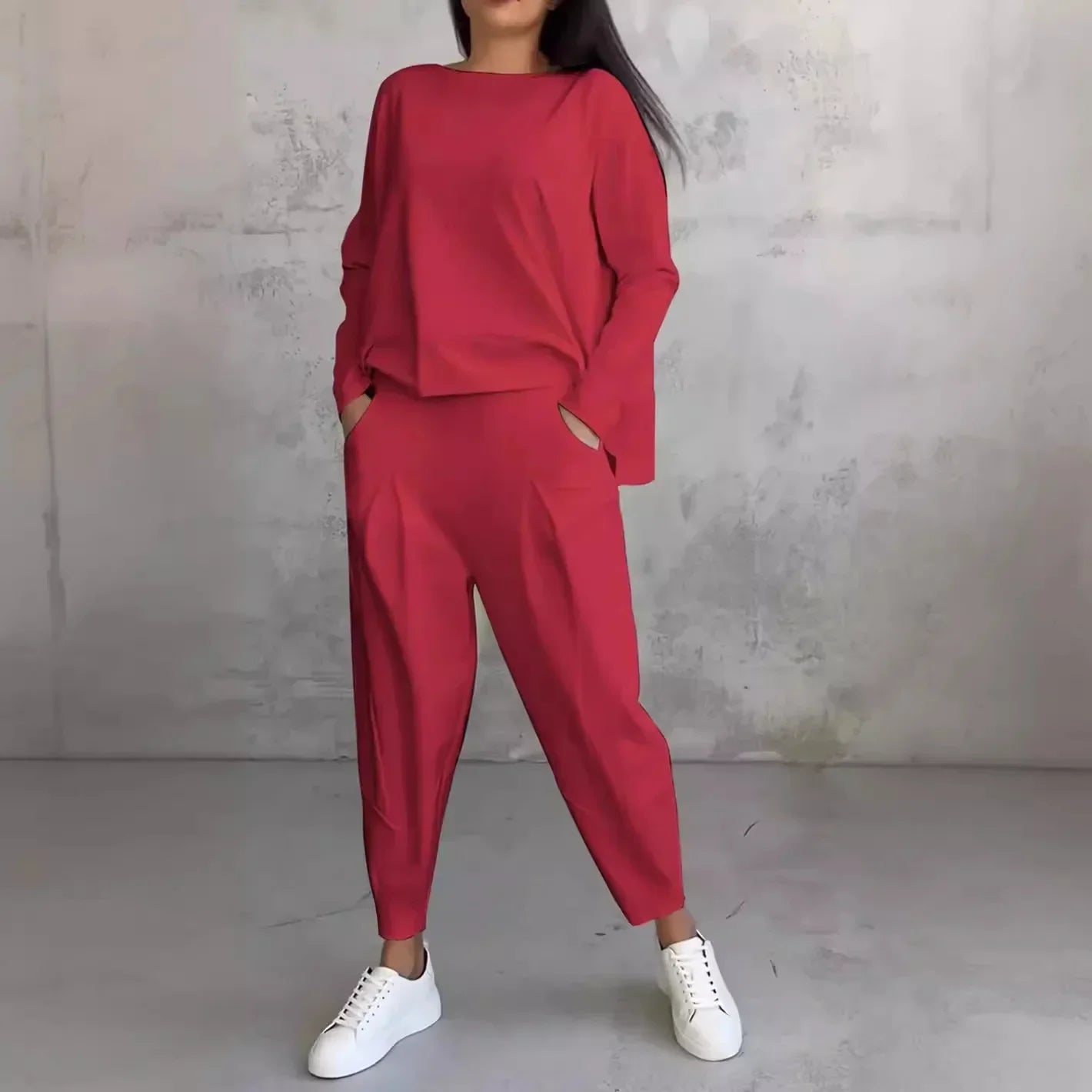 Sophisticated women's two-piece outfit showcasing a stylish full sleeve top and chic ankle-length trousers, crafted from high-quality cotton linen blend, ideal for middle-aged women seeking elegance in casual wear.