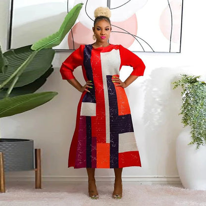 Elegant African Plus Size O-Neck Pleated Long Dress showcasing a luxurious traditional Dashiki design for women in vibrant colours.