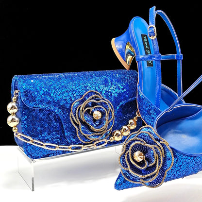 Stylish gold handbag set complementing QSGFC wedding shoes, adorned with exquisite floral details for a sophisticated look.