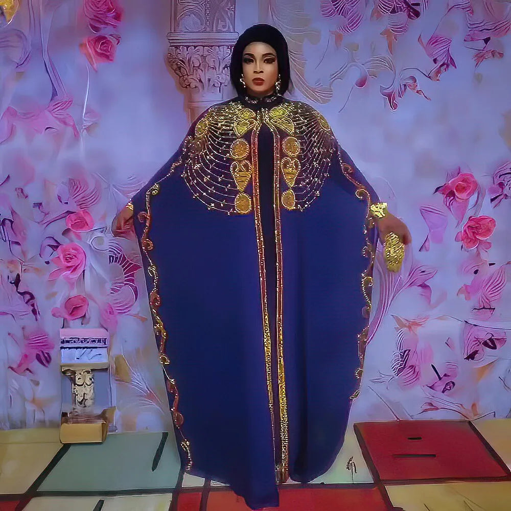 Close-up of the intricate rhinestone detailing on the Luxury Chiffon African Dress Set in Plus Sizes, perfect for women seeking a stylish and sophisticated outfit.