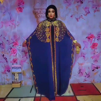 Close-up of the intricate rhinestone detailing on the Luxury Chiffon African Dress Set in Plus Sizes, perfect for women seeking a stylish and sophisticated outfit.