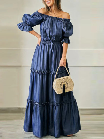 Elegant Women's Plus Size Off-Shoulder A-Line Dress with Ruffle Sleeves in Vintage Style - Perfect for Spring and Summer Events.