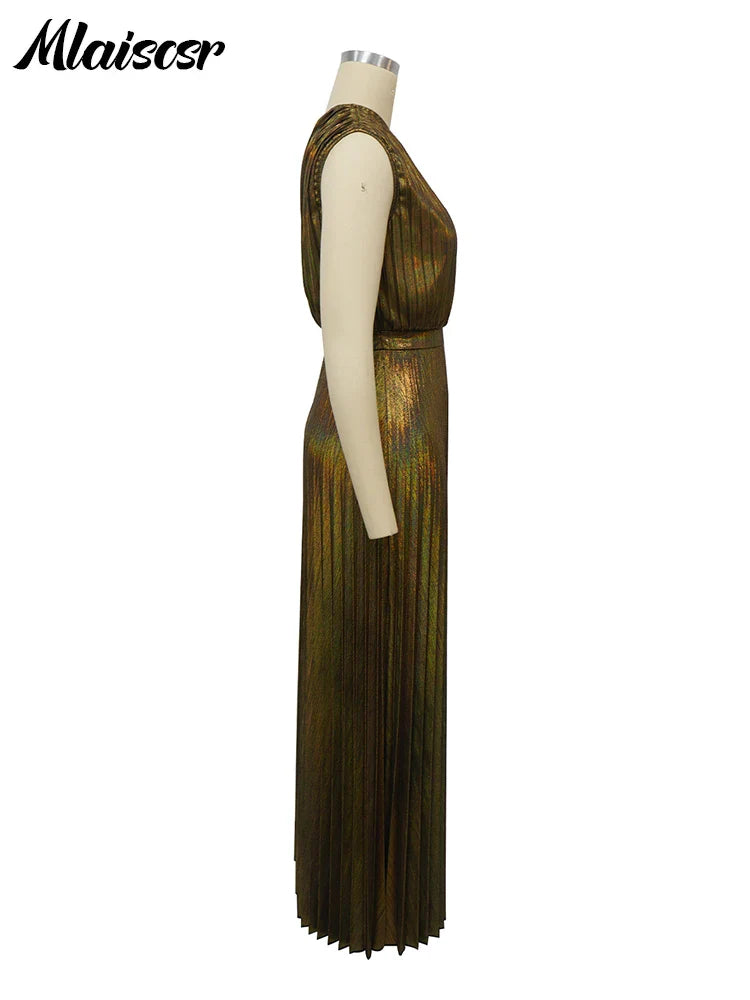 Stylish Women's Sleeveless Evening Dress in golden tones, exuding sophistication with a modern one-shoulder style and flowing skirt.